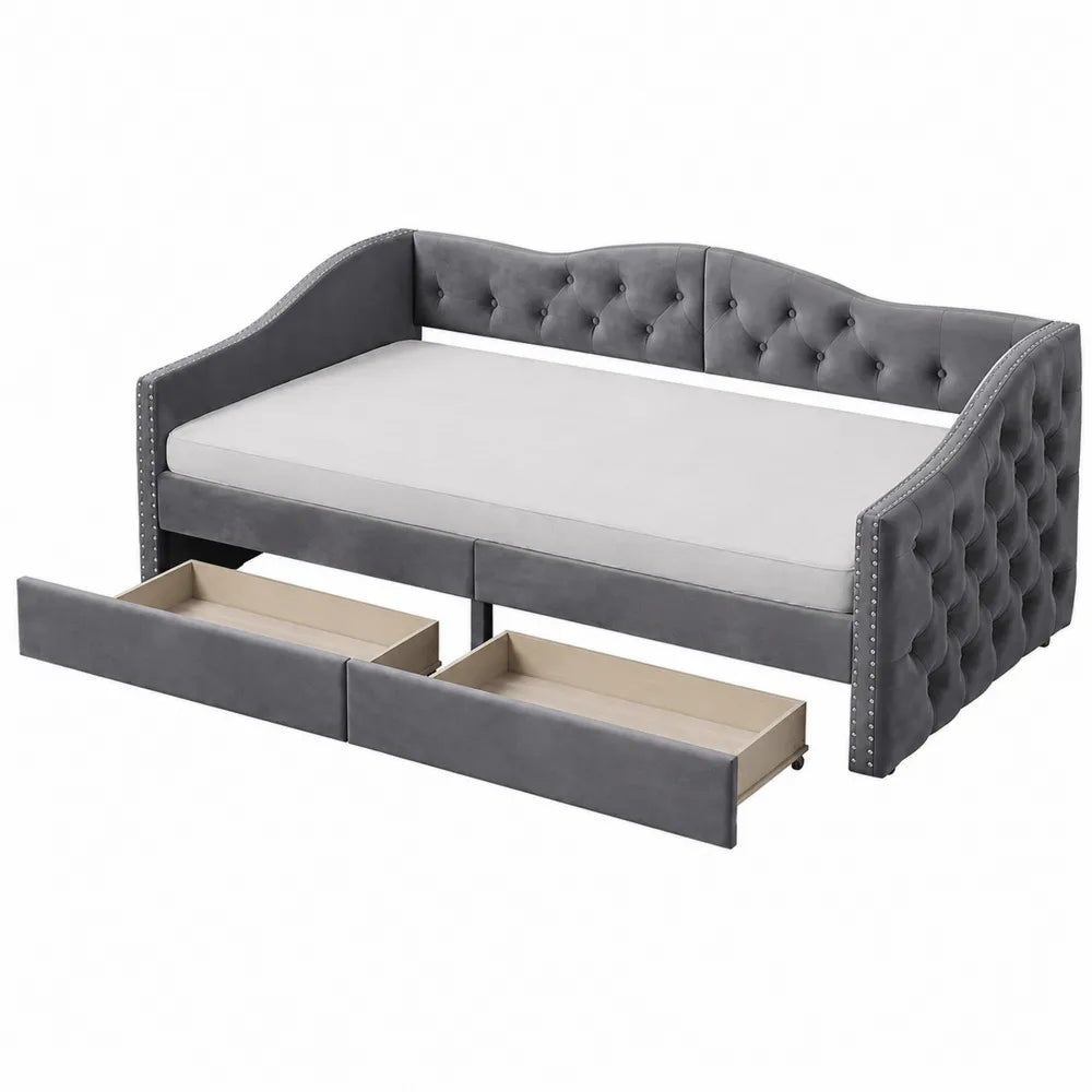 Lit en bois et m¨¦tal avec velours gris et