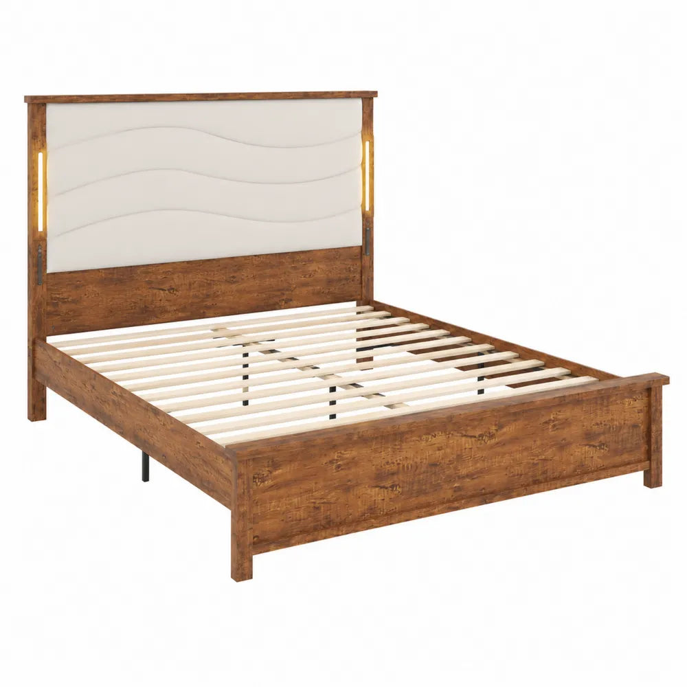 Lit double en bois avec t¨ºte de lit rembourr¨¦e et LED 200x160