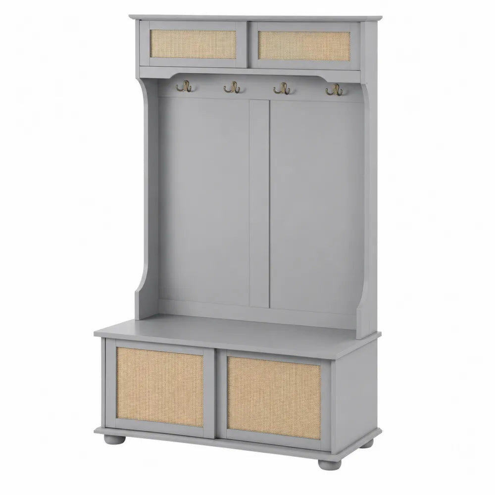 Portemanteau en bois gris avec panneaux de rotin 180