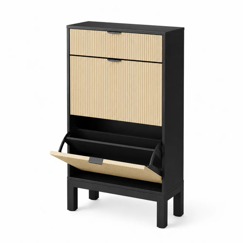 Meuble ¨¤ chaussures 3 niveaux en bois et m¨¦tal Noir et Beige 115x65x24