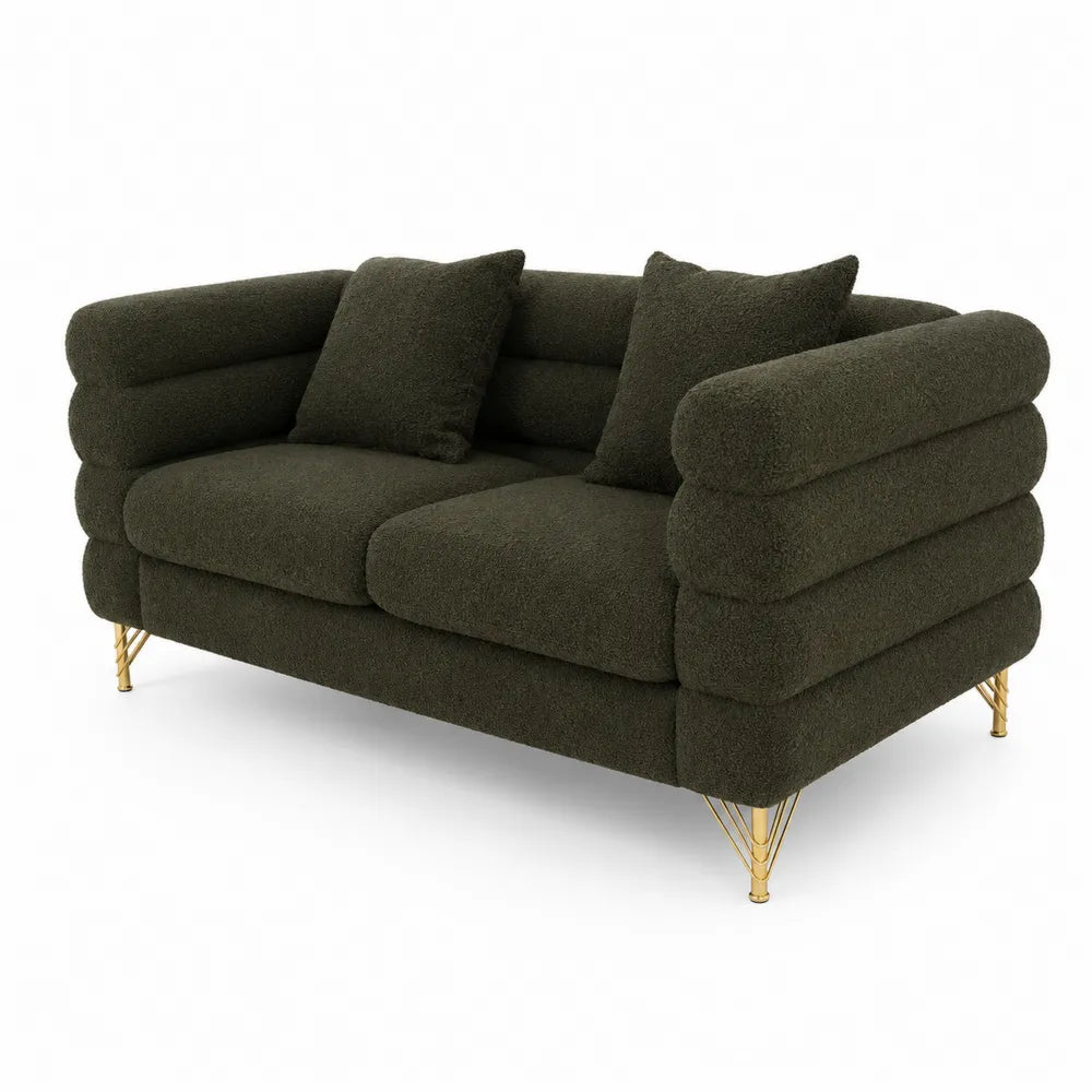 Canap¨¦ 2 Places en Tissu Boucl¨¦ Vert Fonc¨¦ avec Pieds en M¨¦tal Dor¨¦ 160