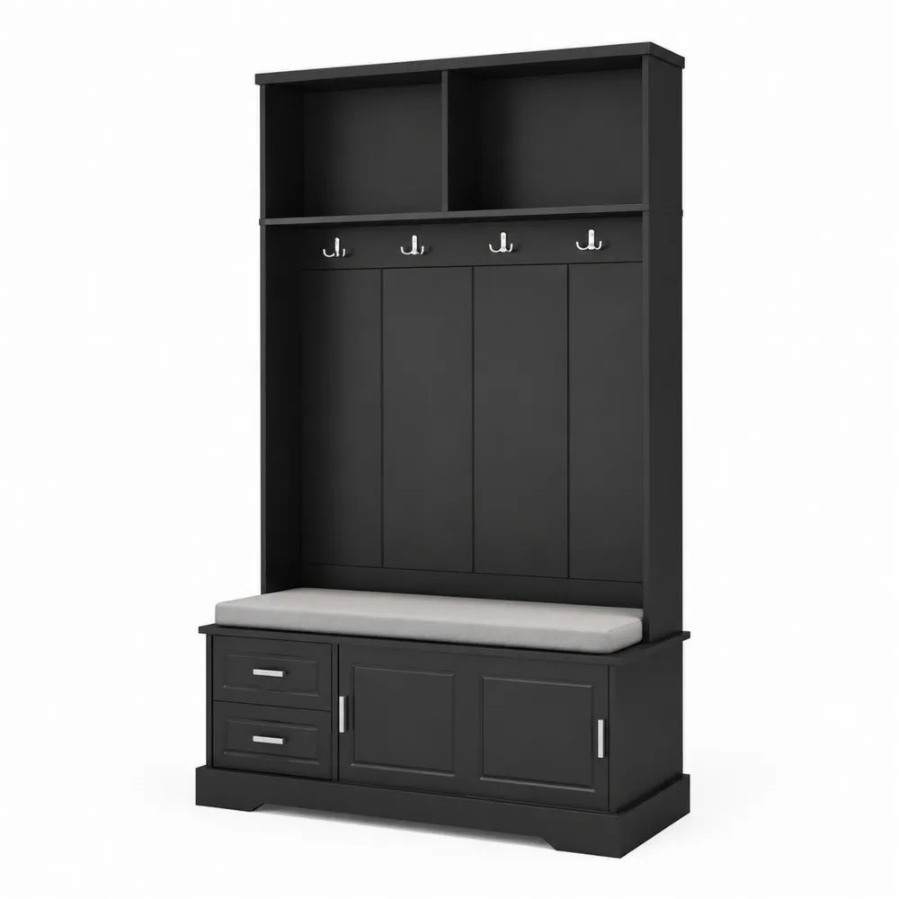 Porte-manteau en bois noir avec banc et rangement 180x100x40