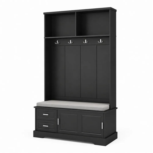 Porte-manteau en bois noir avec banc et rangement 180x100x40